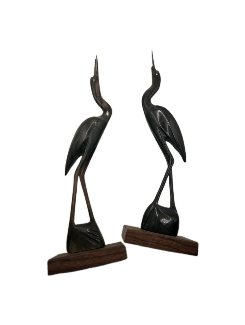 Vintage Hand Carved Wood and Horn Heron Crane Sculptures in Dark Patina (Pair)